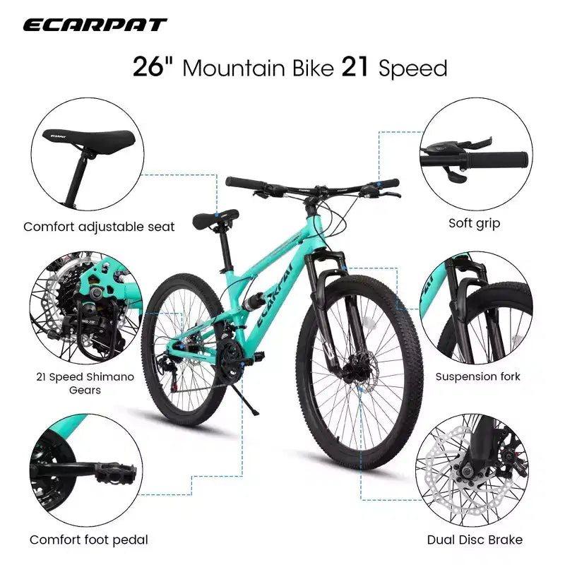 Bicicleta de montaña NAYSAYE de 26 pulgadas con cuadro de acero, horquilla de suspensión y 21 velocidades para hombres y mujeres, azul, 68*27*38