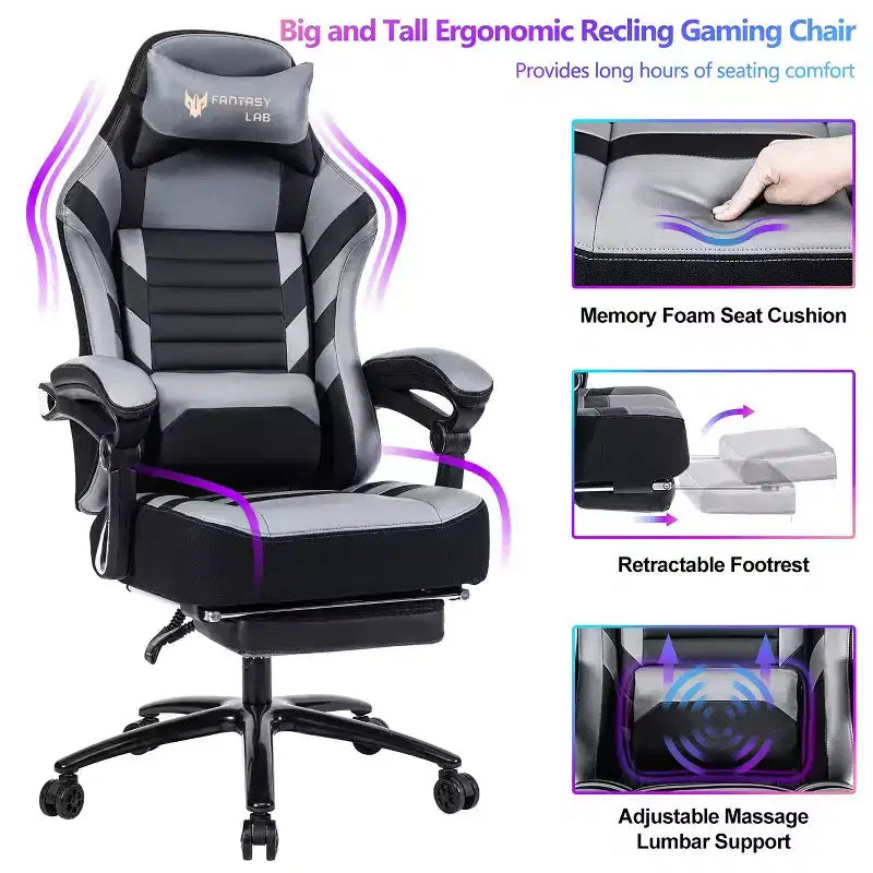 Silla de juego de respaldo alto Okak, silla ergonómica de oficina con reposapiés plegable, silla cómoda ajustable en altura para estudio, sala de juegos