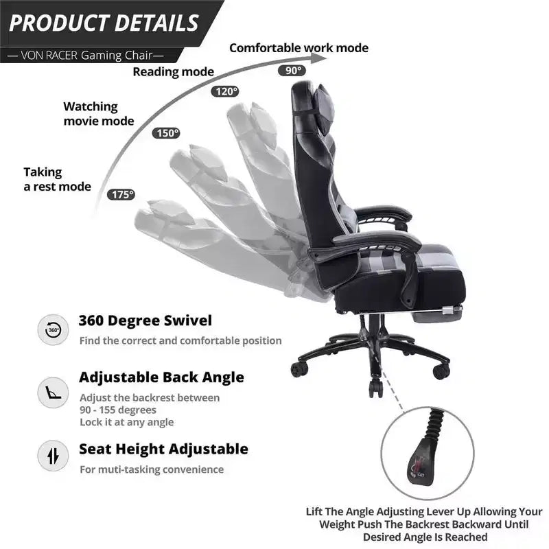 Silla de juego de respaldo alto Okak, silla ergonómica de oficina con reposapiés plegable, silla cómoda ajustable en altura para estudio, sala de juegos