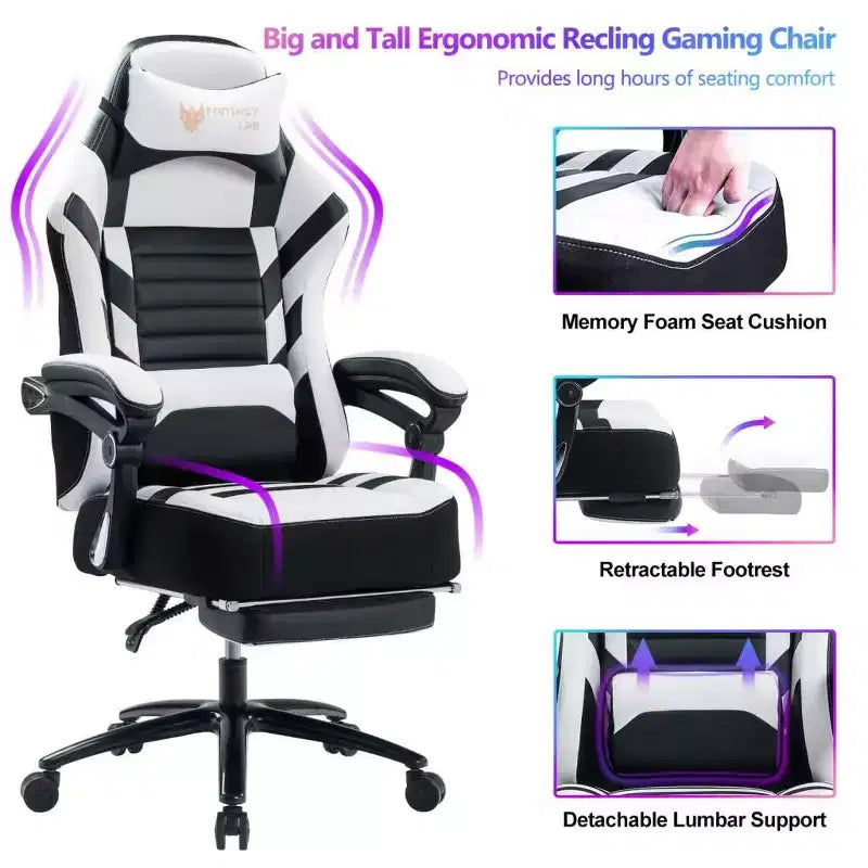 Silla de juego de respaldo alto Okak, silla ergonómica de oficina con reposapiés plegable, silla cómoda ajustable en altura para estudio, sala de juegos