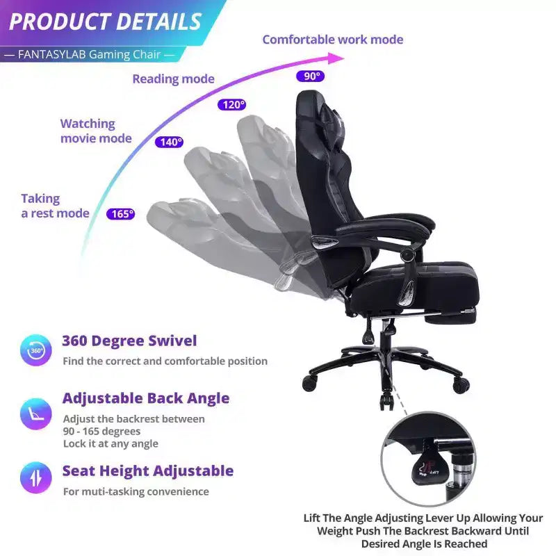 Silla de juego de respaldo alto Okak, silla ergonómica de oficina con reposapiés plegable, silla cómoda ajustable en altura para estudio, sala de juegos