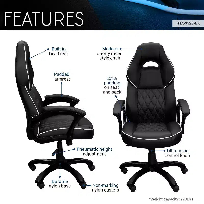 Silla Gamer Okak de Respaldo Alto con Asiento y Respaldo Acolchados, Silla de Oficina Ejecutiva con Base Metálica y Ruedas, Silla de Escritorio para Estudio, Sala de Lectura, Negra