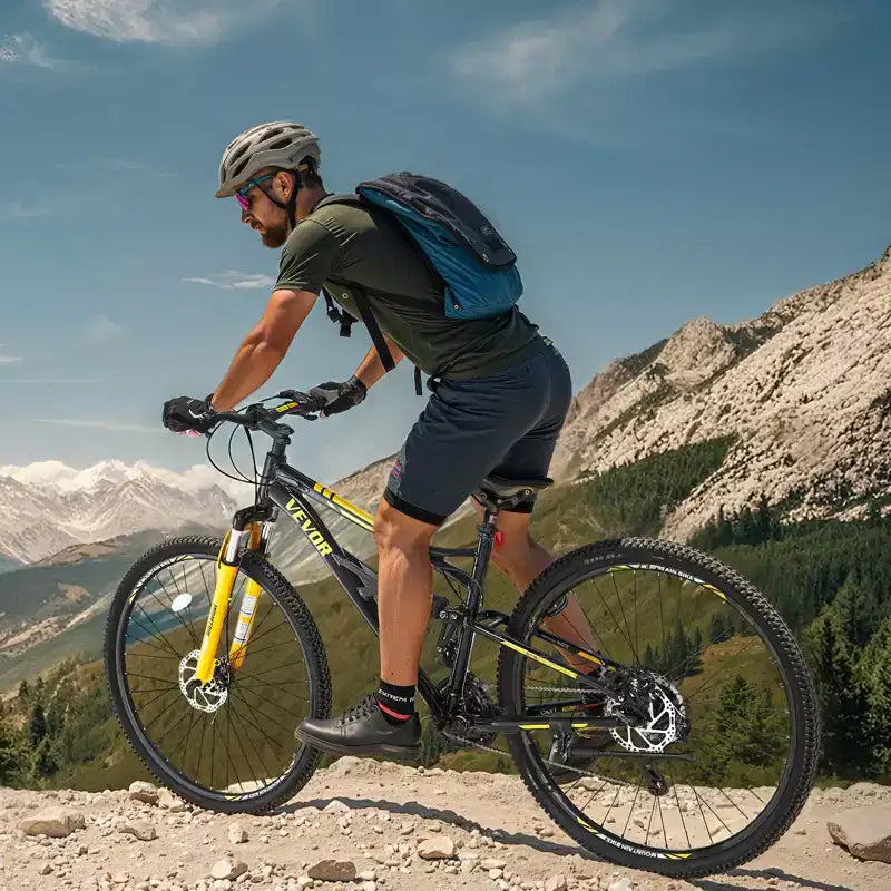 Bicicleta de montaña VEVOR, bicicleta MTB de 29 pulgadas con suspensión doble completa, cambio giratorio de 24 velocidades, frenos de disco dobles, cuadro de aleación de aluminio, negra y amarilla