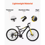 Bicicleta de montaña VEVOR, bicicleta MTB de 29 pulgadas con suspensión doble completa, cambio giratorio de 24 velocidades, frenos de disco dobles, cuadro de aleación de aluminio, negra y amarilla