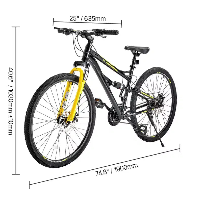 Bicicleta de montaña VEVOR, bicicleta MTB de 29 pulgadas con suspensión doble completa, cambio giratorio de 24 velocidades, frenos de disco dobles, cuadro de aleación de aluminio, negra y amarilla