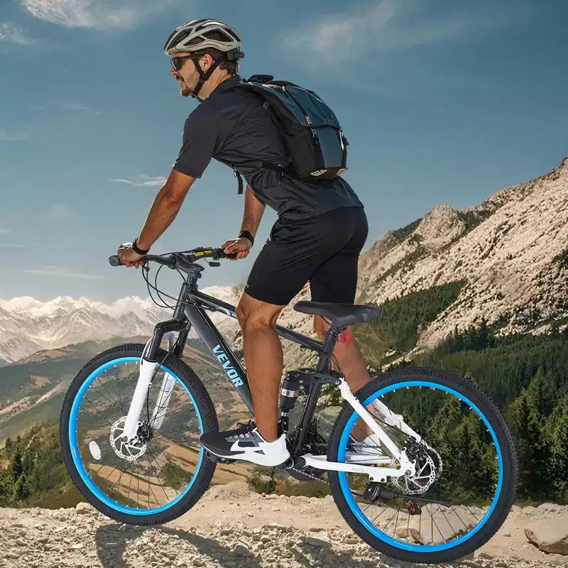 Bicicleta de montaña VEVOR, bicicleta MTB de 26 pulgadas con suspensión doble completa, cambio de giro de 21 velocidades, frenos de disco dobles, cuadro de aleación de aluminio, negro y azul