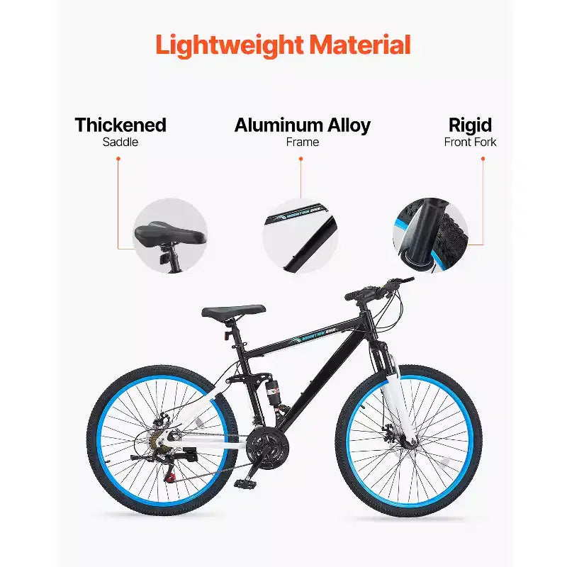 Bicicleta de montaña VEVOR, bicicleta MTB de 26 pulgadas con suspensión doble completa, cambio de giro de 21 velocidades, frenos de disco dobles, cuadro de aleación de aluminio, negro y azul