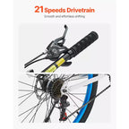 Bicicleta de montaña VEVOR, bicicleta MTB de 26 pulgadas con suspensión doble completa, cambio de giro de 21 velocidades, frenos de disco dobles, cuadro de aleación de aluminio, negro y azul
