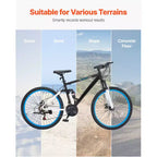 Bicicleta de montaña VEVOR, bicicleta MTB de 26 pulgadas con suspensión doble completa, cambio de giro de 21 velocidades, frenos de disco dobles, cuadro de aleación de aluminio, negro y azul