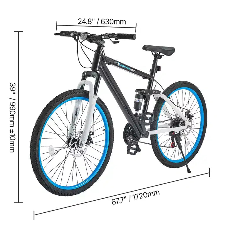 Bicicleta de montaña VEVOR, bicicleta MTB de 26 pulgadas con suspensión doble completa, cambio de giro de 21 velocidades, frenos de disco dobles, cuadro de aleación de aluminio, negro y azul