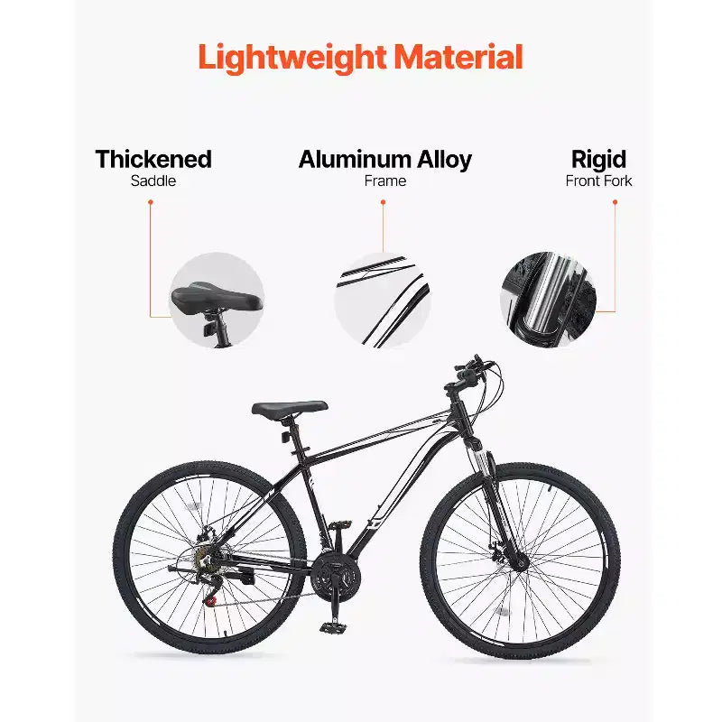 VEVOR Bicicleta de montaña, MTB de 29 pulgadas con suspensión delantera, cambio SHIMANO de 21 velocidades, frenos de disco dobles, cuadro de aleación de aluminio, negro