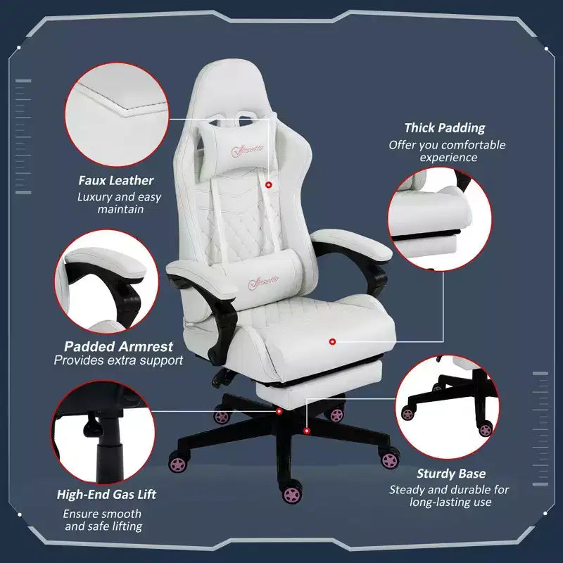 Silla de juego Okak con respaldo alto y reposacabezas, silla de ordenador con soporte lumbar y reposapiés, silla de oficina para estudio y sala de lectura