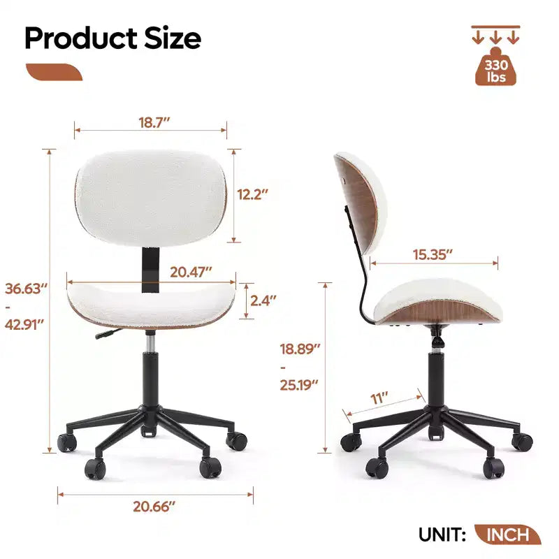 Silla de escritorio de oficina ergonómica sin brazos Bestier Bentwood, cómoda silla de mesa con soporte lumbar, silla de tareas de cuero PU ajustable en altura con ruedas