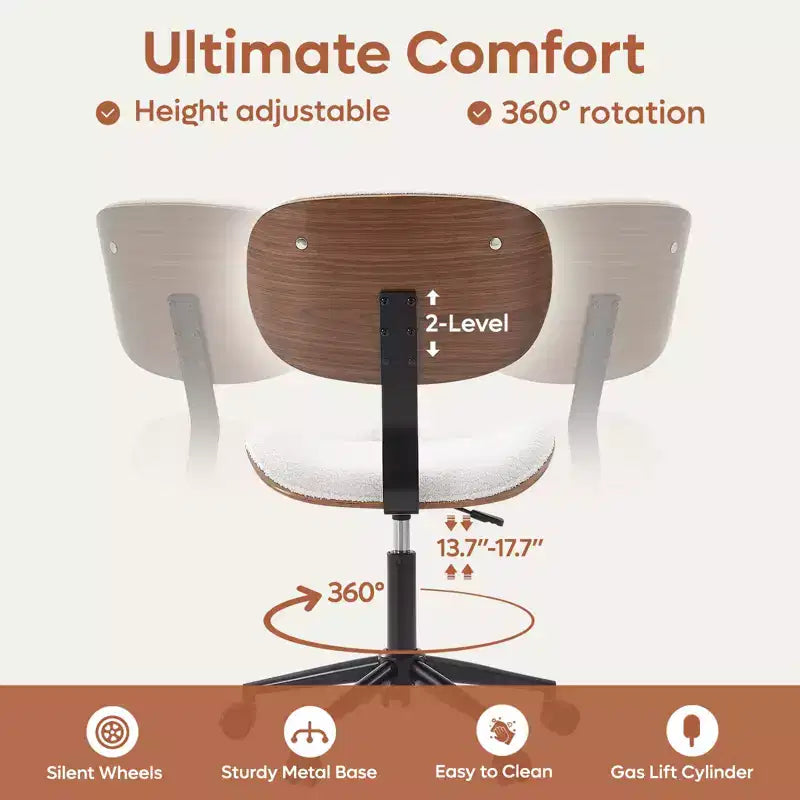 Silla de escritorio de oficina ergonómica sin brazos Bestier Bentwood, cómoda silla de mesa con soporte lumbar, silla de tareas de cuero PU ajustable en altura con ruedas