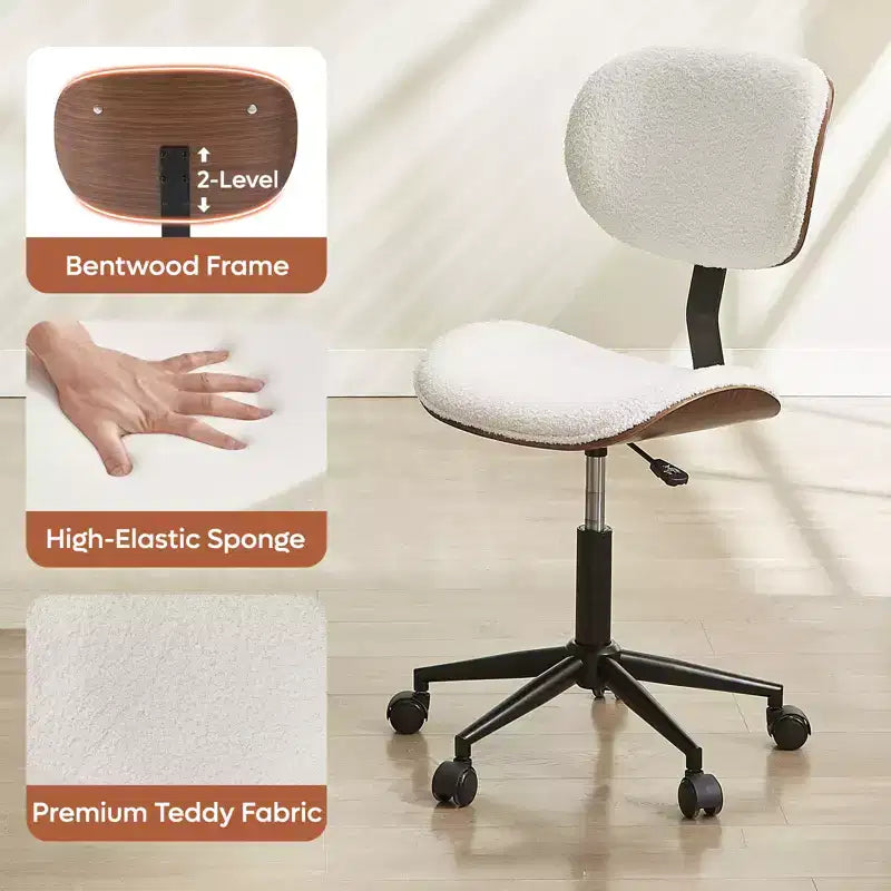 Silla de escritorio de oficina ergonómica sin brazos Bestier Bentwood, cómoda silla de mesa con soporte lumbar, silla de tareas de cuero PU ajustable en altura con ruedas
