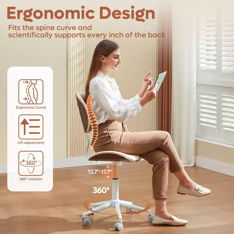 Silla de escritorio de oficina ergonómica sin brazos Bestier Bentwood, cómoda silla de mesa con soporte lumbar, silla de tareas de cuero PU ajustable en altura con ruedas