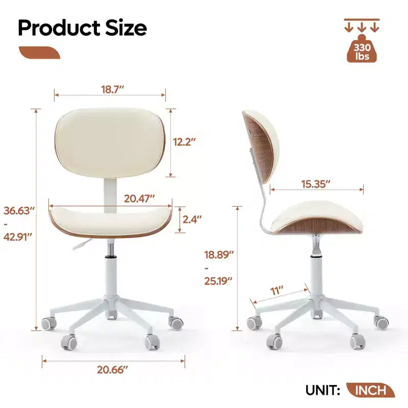 Silla de escritorio de oficina ergonómica sin brazos Bestier Bentwood, cómoda silla de mesa con soporte lumbar, silla de tareas de cuero PU ajustable en altura con ruedas