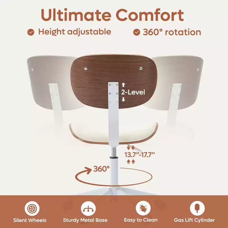 Silla de escritorio de oficina ergonómica sin brazos Bestier Bentwood, cómoda silla de mesa con soporte lumbar, silla de tareas de cuero PU ajustable en altura con ruedas