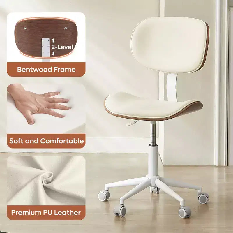 Silla de escritorio de oficina ergonómica sin brazos Bestier Bentwood, cómoda silla de mesa con soporte lumbar, silla de tareas de cuero PU ajustable en altura con ruedas