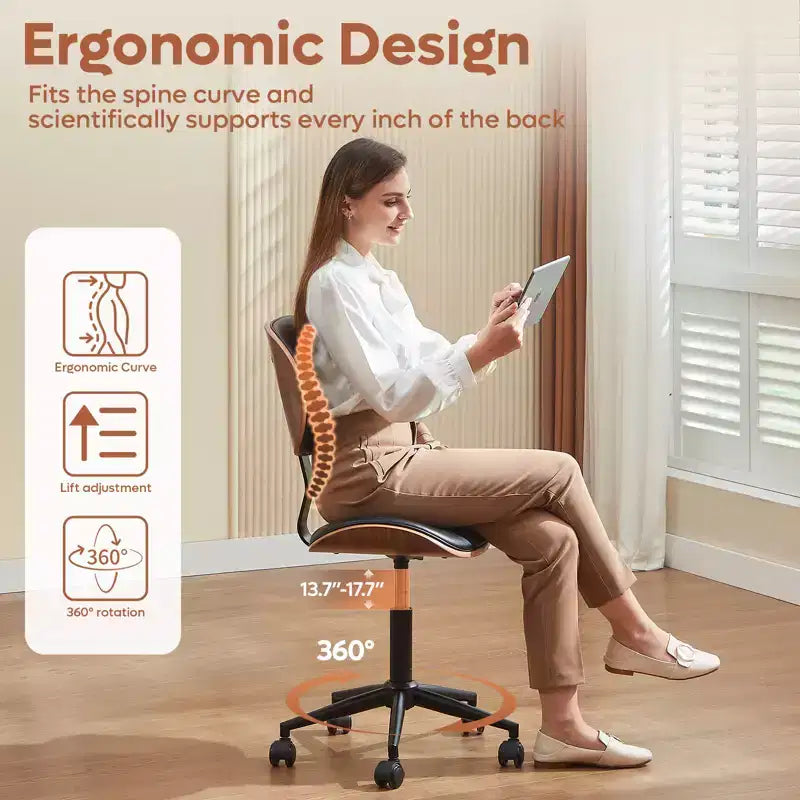 Silla de escritorio de oficina ergonómica sin brazos Bestier Bentwood, cómoda silla de mesa con soporte lumbar, silla de tareas de cuero PU ajustable en altura con ruedas
