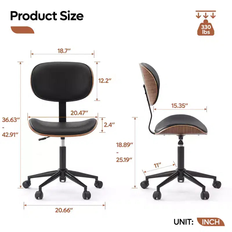 Silla de escritorio de oficina ergonómica sin brazos Bestier Bentwood, cómoda silla de mesa con soporte lumbar, silla de tareas de cuero PU ajustable en altura con ruedas
