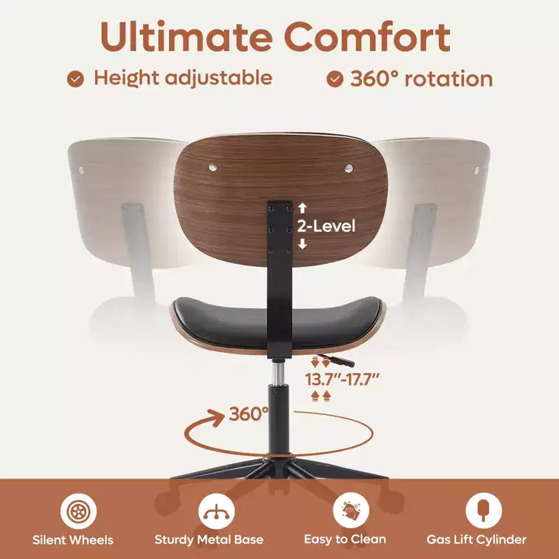 Silla de escritorio de oficina ergonómica sin brazos Bestier Bentwood, cómoda silla de mesa con soporte lumbar, silla de tareas de cuero PU ajustable en altura con ruedas