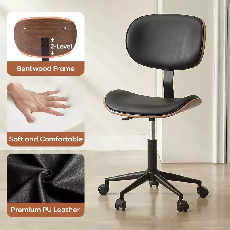 Silla de escritorio de oficina ergonómica sin brazos Bestier Bentwood, cómoda silla de mesa con soporte lumbar, silla de tareas de cuero PU ajustable en altura con ruedas