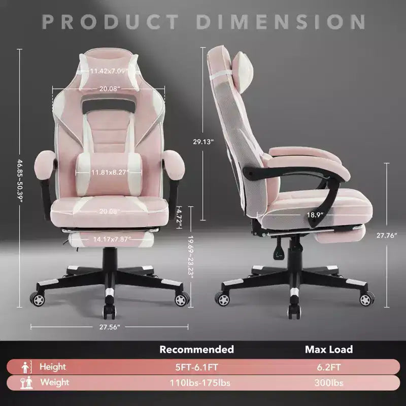 Sillón reclinable rosa cerezo con reposapiés, silla ergonómica para ordenador con soporte lumbar y reposacabezas, base giratoria 360° y sillas ejecutivas ajustables en altura.