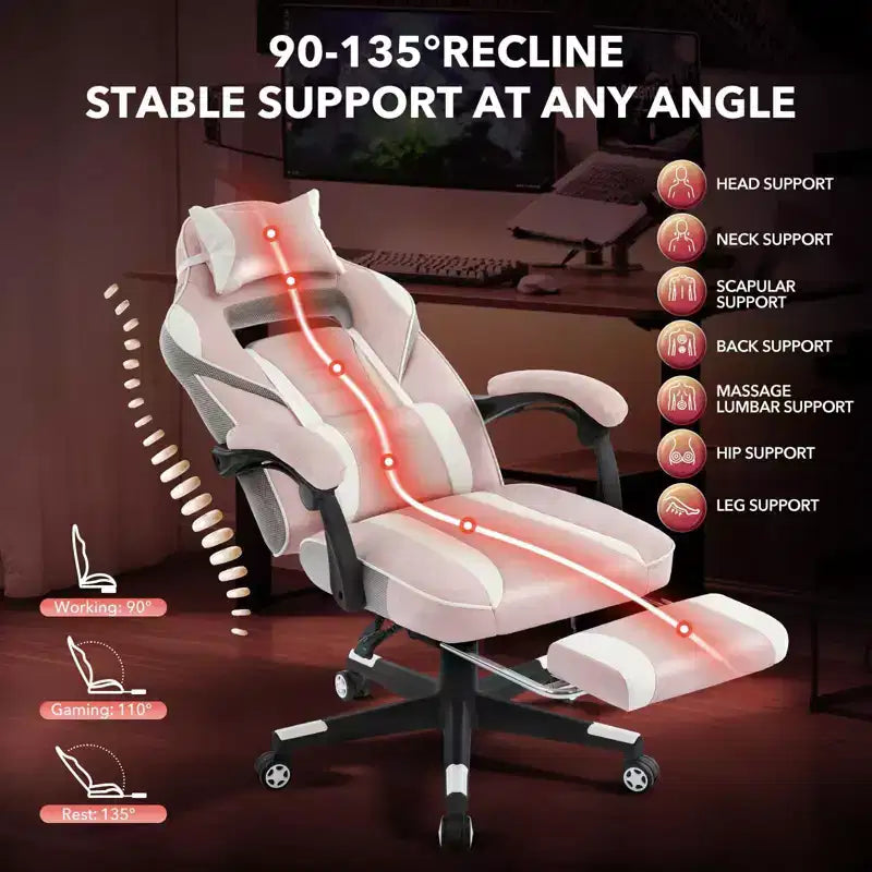Sillón reclinable rosa cerezo con reposapiés, silla ergonómica para ordenador con soporte lumbar y reposacabezas, base giratoria 360° y sillas ejecutivas ajustables en altura.