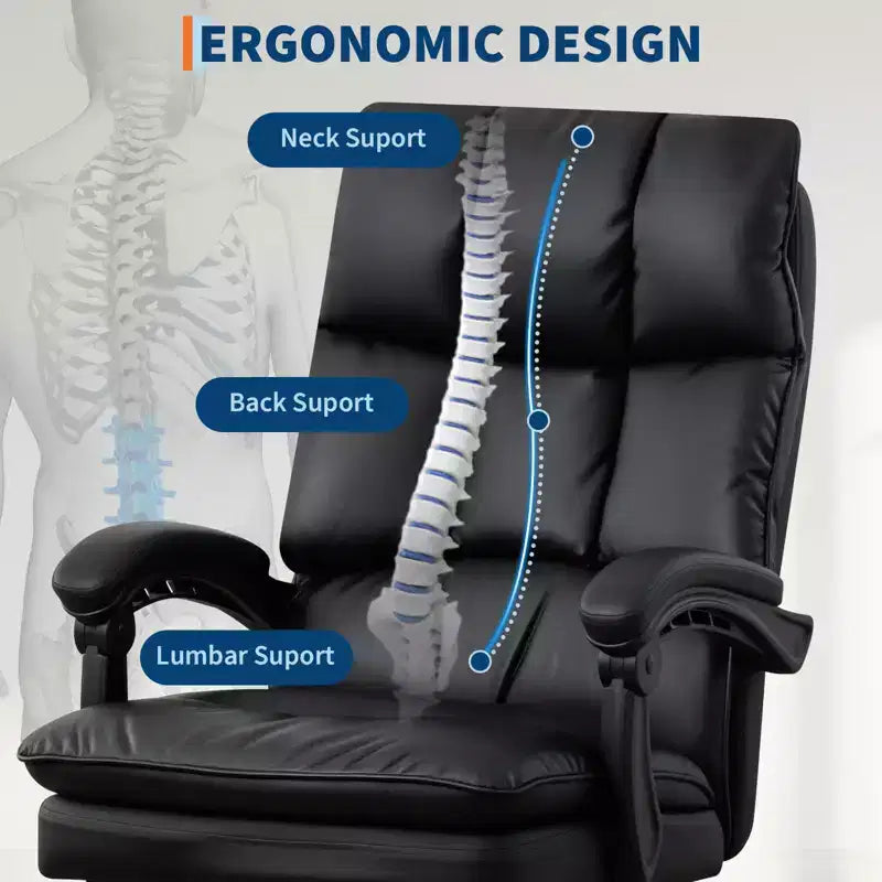 Sillón ejecutivo de oficina con respaldo altoCAsiento de oficina de cuero sintético negro con reposapiés, giratorio 360° y soporte ergonómicoCSilla cómoda para computadora/juegos en el hogar