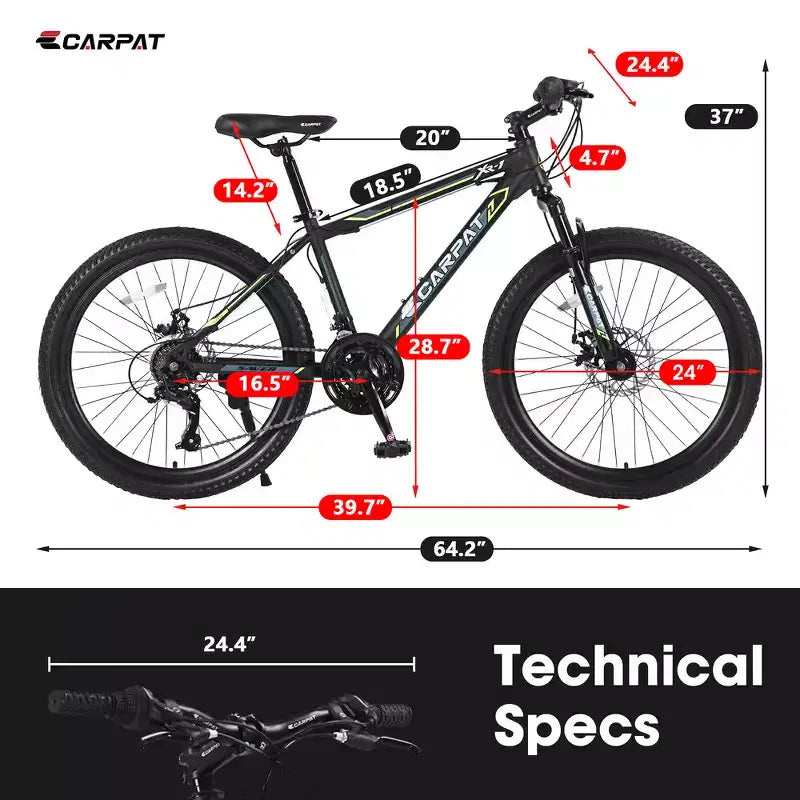 Bicicleta de montaña Zeus y Ruta 24 con 21 velocidades, doble freno de disco, bicicleta con cuadro de acero duradero para niños y niñas