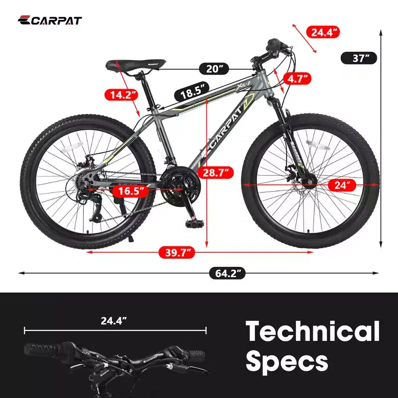 Bicicleta de montaña Zeus y Ruta 24 con 21 velocidades, doble freno de disco, bicicleta con cuadro de acero duradero para niños y niñas