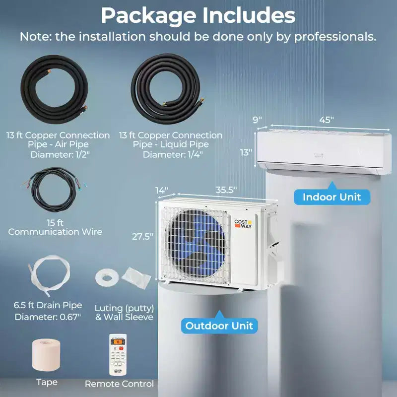 Aire acondicionado y calefactor tipo minisplit de 24000 BTU de Costway con kit de instalación de bomba de calor de 2 toneladas