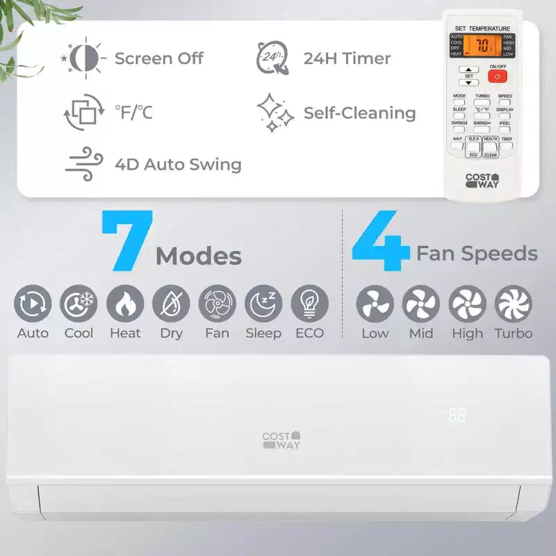Aire acondicionado y calefactor tipo minisplit de 24000 BTU de Costway con kit de instalación de bomba de calor de 2 toneladas