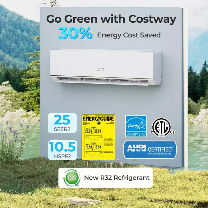 Aire acondicionado y calefactor tipo minisplit de 24000 BTU de Costway con kit de instalación de bomba de calor de 2 toneladas