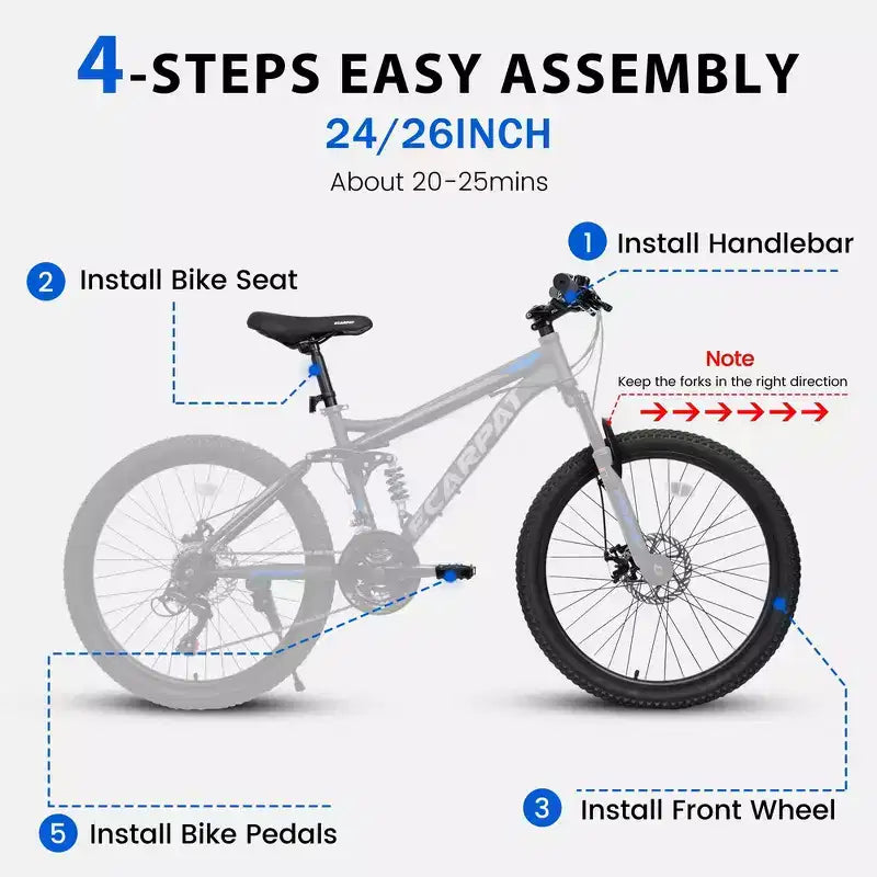 Bicicleta de montaña Whisen 26 para adulto con suspensión total, 21 velocidades, frenos de disco