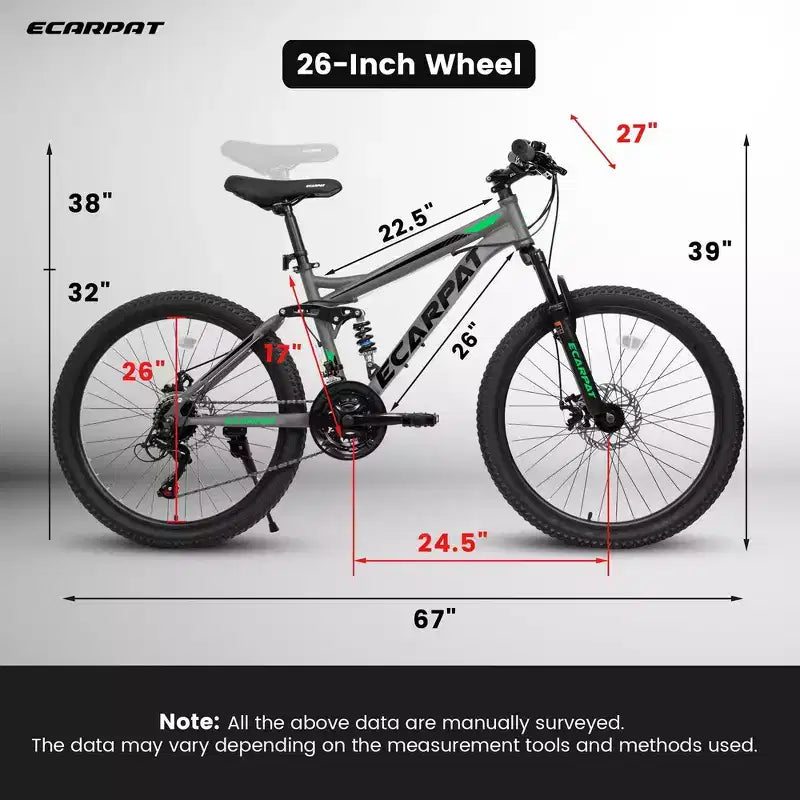 Bicicleta de montaña Whisen 26 para adulto con suspensión total, 21 velocidades, frenos de disco