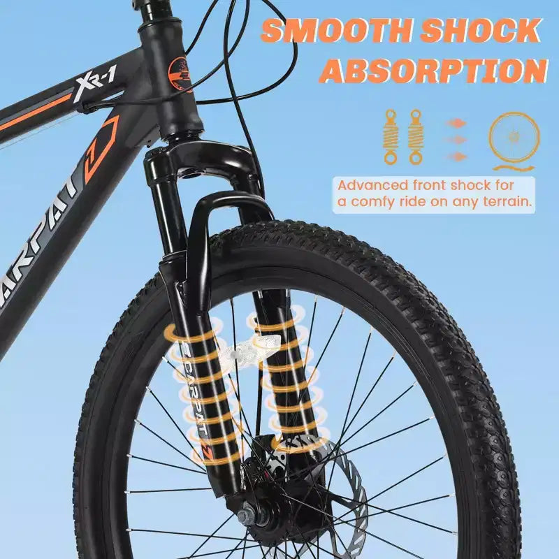 Bicicleta de Montaña NAYSAYE de 24 Pulgadas, 21 Velocidades, Frenos de Disco Dobles, Cuadro de Acero para Adultos para Aventuras al Aire Libre, Negro y Naranja, 56.3*7.88*28.35