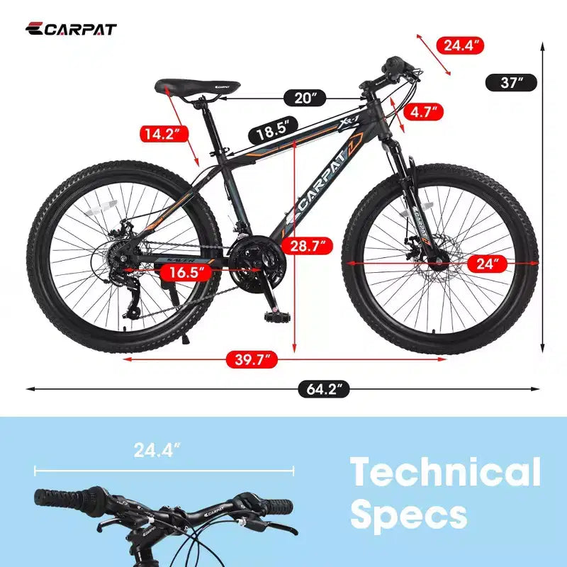 Bicicleta de Montaña NAYSAYE de 24 Pulgadas, 21 Velocidades, Frenos de Disco Dobles, Cuadro de Acero para Adultos para Aventuras al Aire Libre, Negro y Naranja, 56.3*7.88*28.35