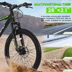 Bicicleta de montaña NAYSAYE de 26 pulgadas, 21 velocidades, frenos de disco, cuadro de acero de alto carbono, bicicletas para adultos para senderismo, negro y verde, 71*25*39.3