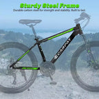 Bicicleta de montaña NAYSAYE de 26 pulgadas, 21 velocidades, frenos de disco, cuadro de acero de alto carbono, bicicletas para adultos para senderismo, negro y verde, 71*25*39.3