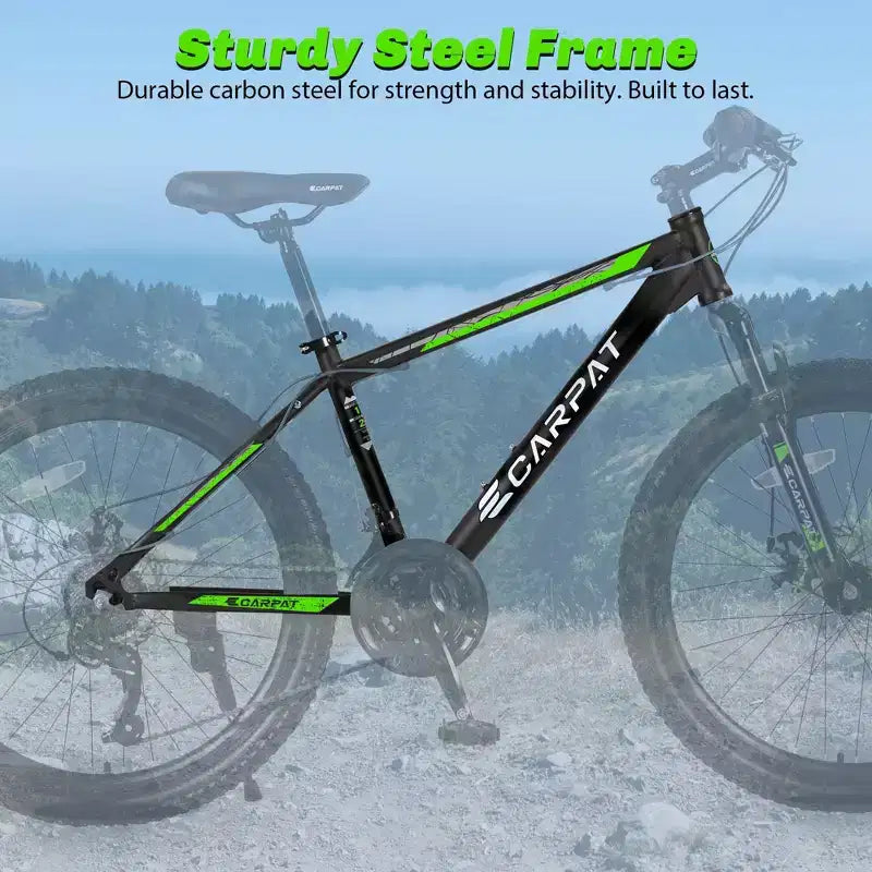 Bicicleta de montaña NAYSAYE de 26 pulgadas, 21 velocidades, frenos de disco, cuadro de acero de alto carbono, bicicletas para adultos para senderismo, negro y verde, 71*25*39.3