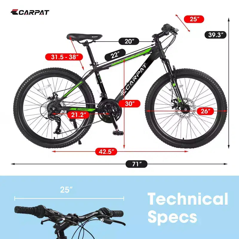 Bicicleta de montaña NAYSAYE de 26 pulgadas, 21 velocidades, frenos de disco, cuadro de acero de alto carbono, bicicletas para adultos para senderismo, negro y verde, 71*25*39.3
