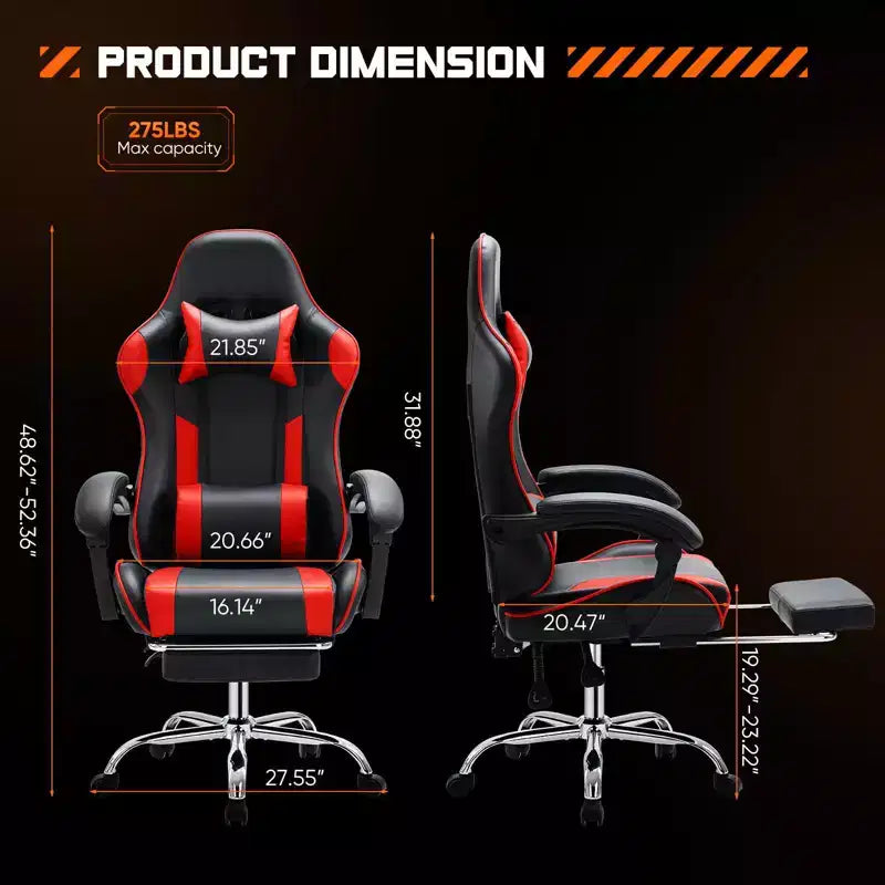 Silla de juegos MAYEERTY Silla de escritorio para videojuegos Ergonómica para computadora con reposapiés, soporte lumbar cómodo, reclinable de cuero PU con reposacabezas, reposabrazos fijos