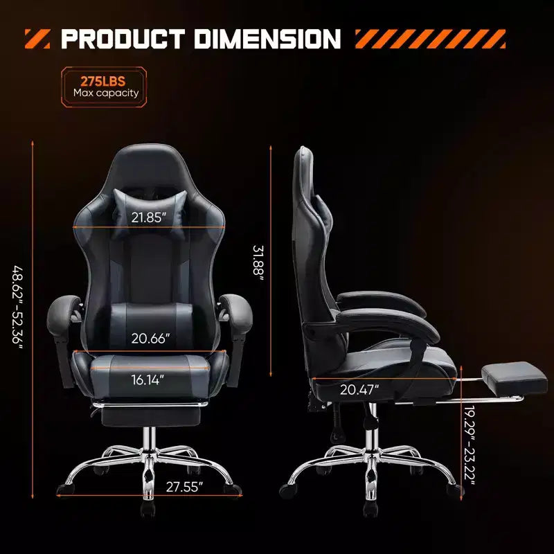 Silla de juegos MAYEERTY Silla de escritorio para videojuegos Ergonómica para computadora con reposapiés, soporte lumbar cómodo, reclinable de cuero PU con reposacabezas, reposabrazos fijos