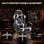 Silla de juegos MAYEERTY Silla de escritorio para videojuegos Ergonómica para computadora con reposapiés, soporte lumbar cómodo, reclinable de cuero PU con reposacabezas, reposabrazos fijos