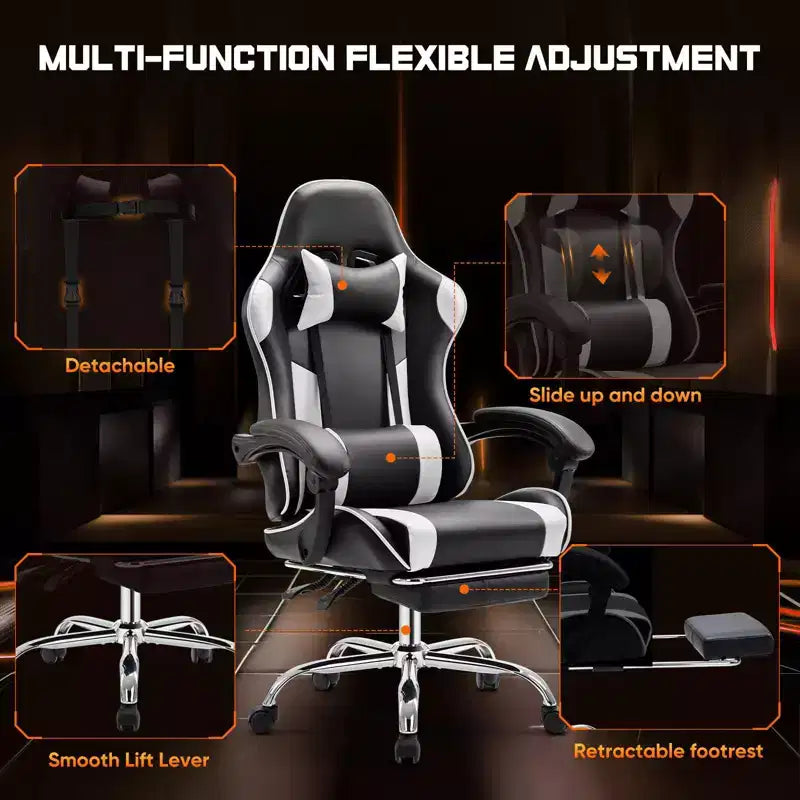 Silla de juegos MAYEERTY Silla de escritorio para videojuegos Ergonómica para computadora con reposapiés, soporte lumbar cómodo, reclinable de cuero PU con reposacabezas, reposabrazos fijos