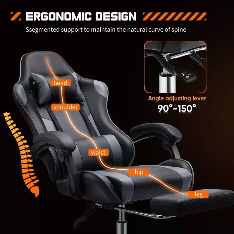 Silla de juegos MAYEERTY Silla de escritorio para videojuegos Ergonómica para computadora con reposapiés, soporte lumbar cómodo, reclinable de cuero PU con reposacabezas, reposabrazos fijos