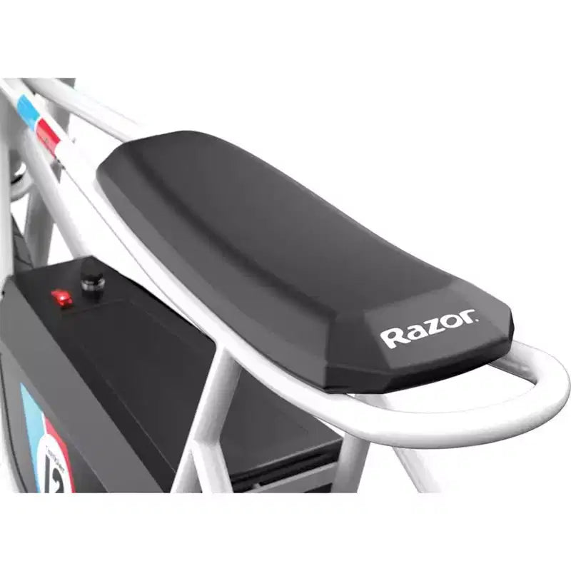 Minimoto eléctrica retro Razor Rambler 12 con motor de 250 W y batería de 24 V, blanca