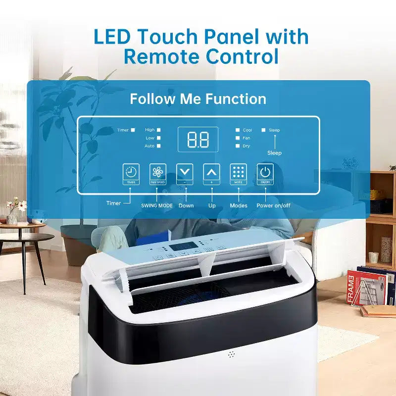 Acondicionador de aire portátil de 10000 BTU, aire acondicionado para el hogar con control remoto para habitaciones de hasta 450 pies cuadrados, funciones 3 en 1/temporizador de 24 horas/ruedas giratorias